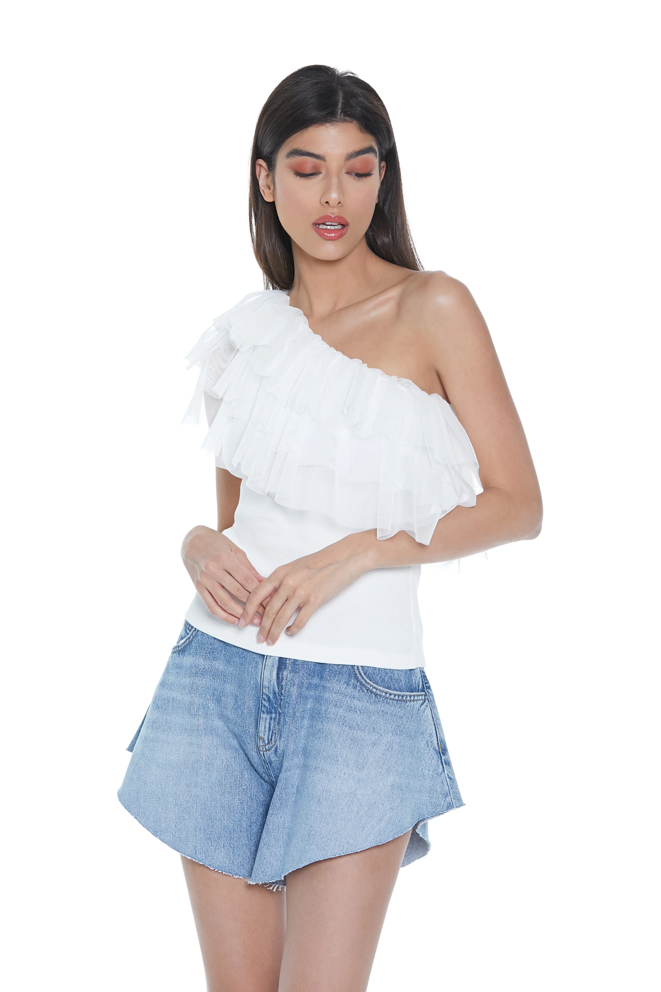T-shirt RIKU mezza manica monospalla con tulle - Image 3