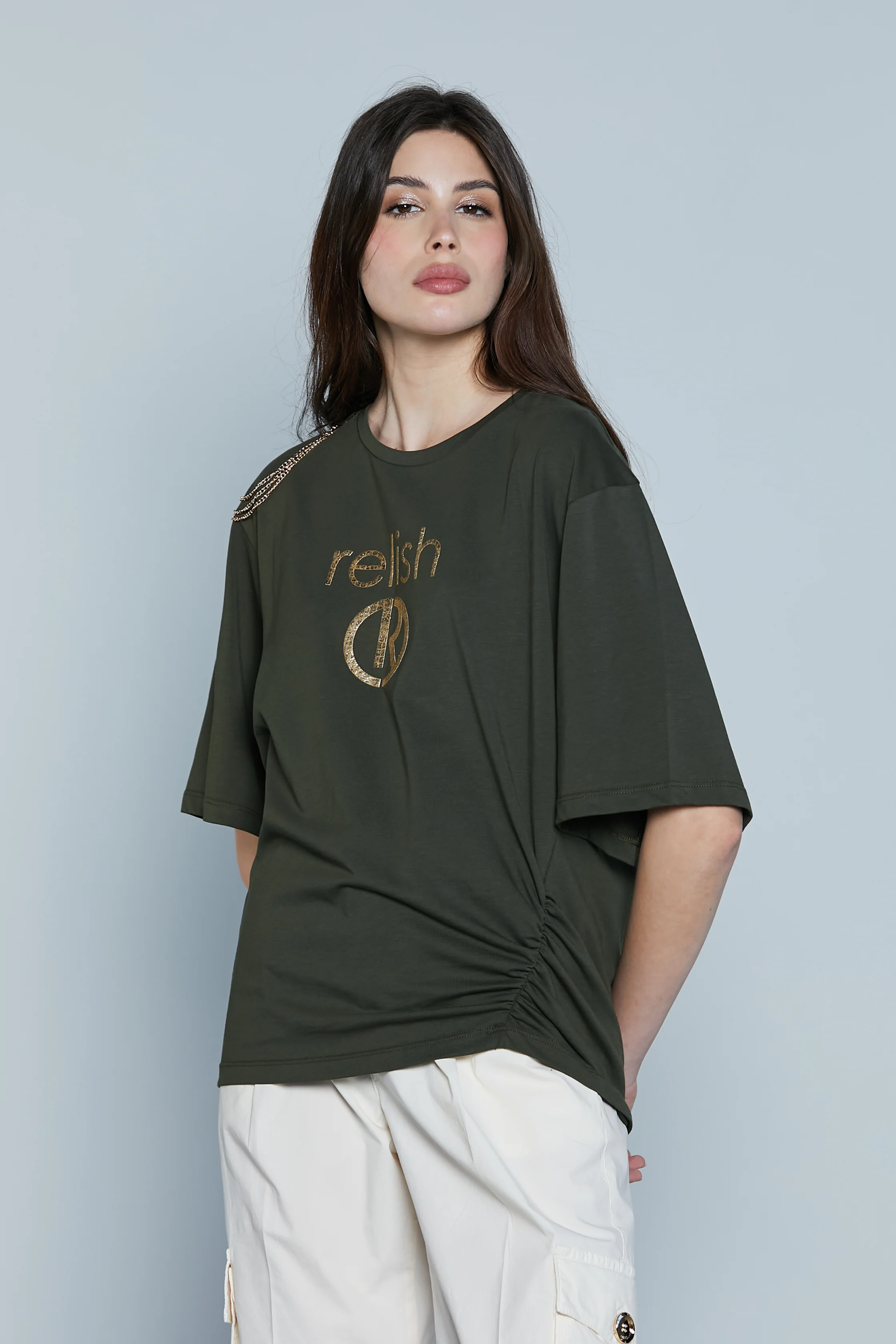 T-Shirt SAMARA M/M con Applicazione Spalla più Stampa Gold più Arriccio Fianco
