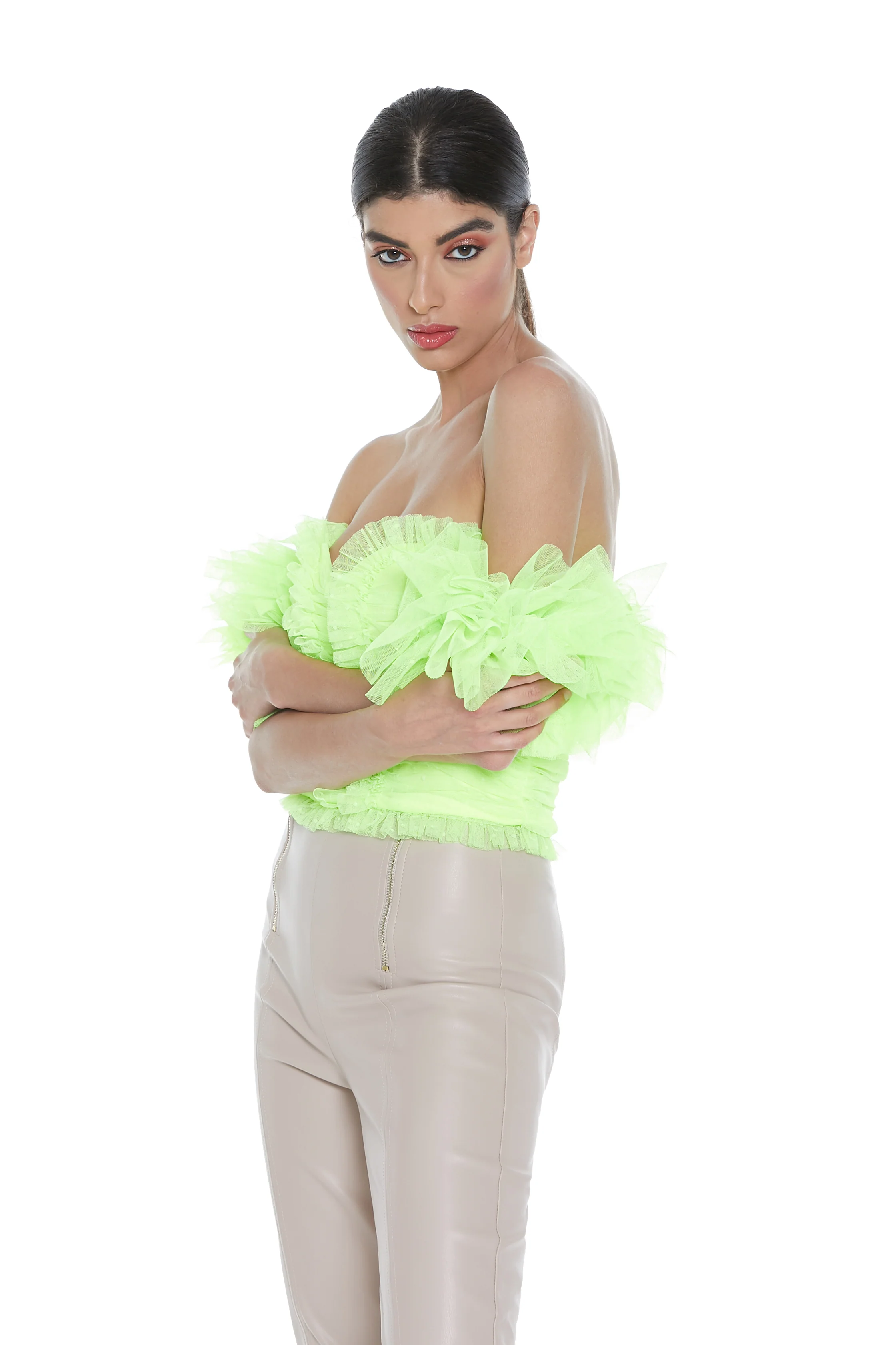 Top ELIF mezza manica con rouches tulle scollo barca corpetto con zip più pieghe t.plumet - Image 4