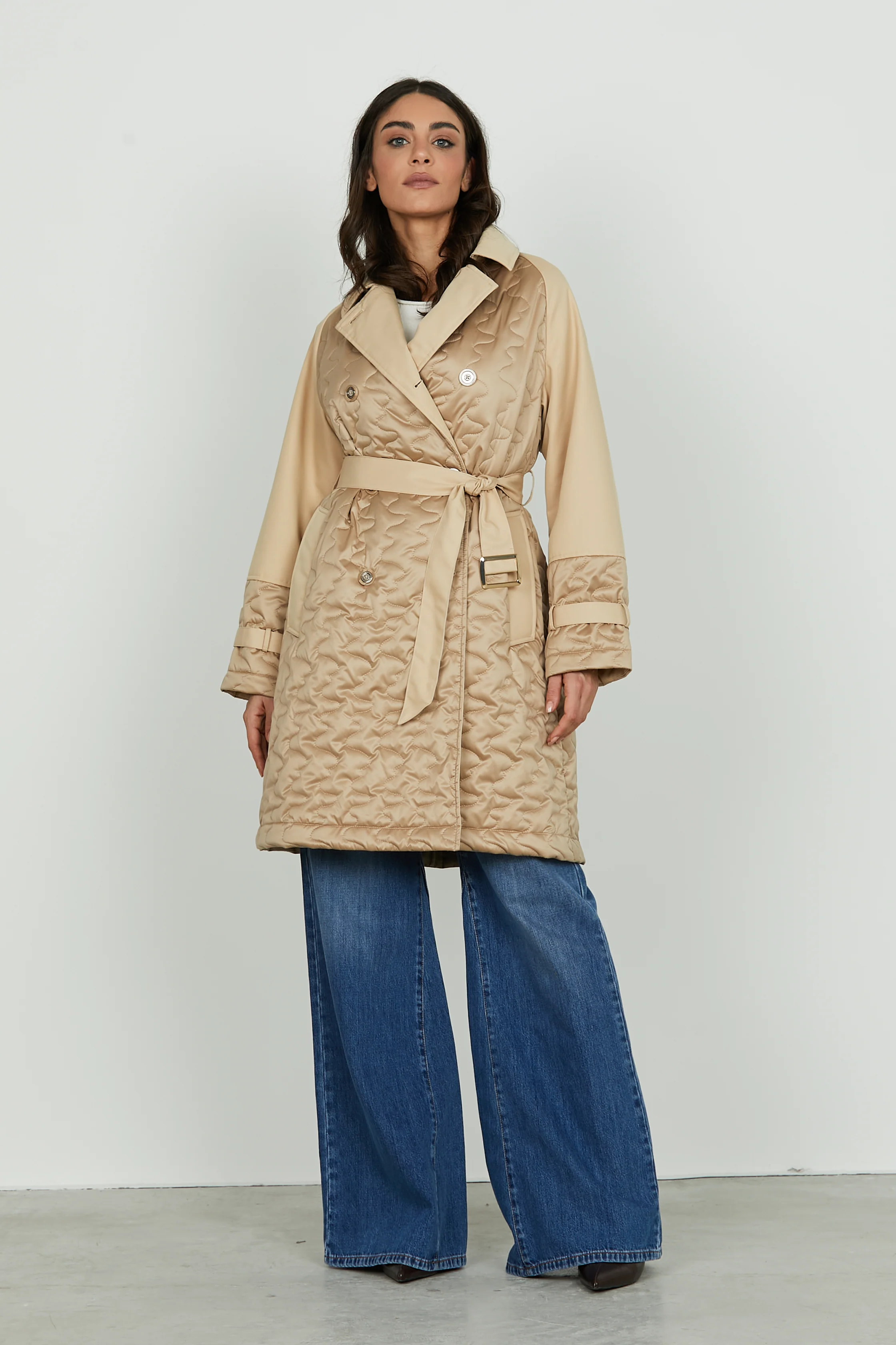 Trench DOBLY manica lunga doppio petto con cintura più tasche più impunture onda - Image 4