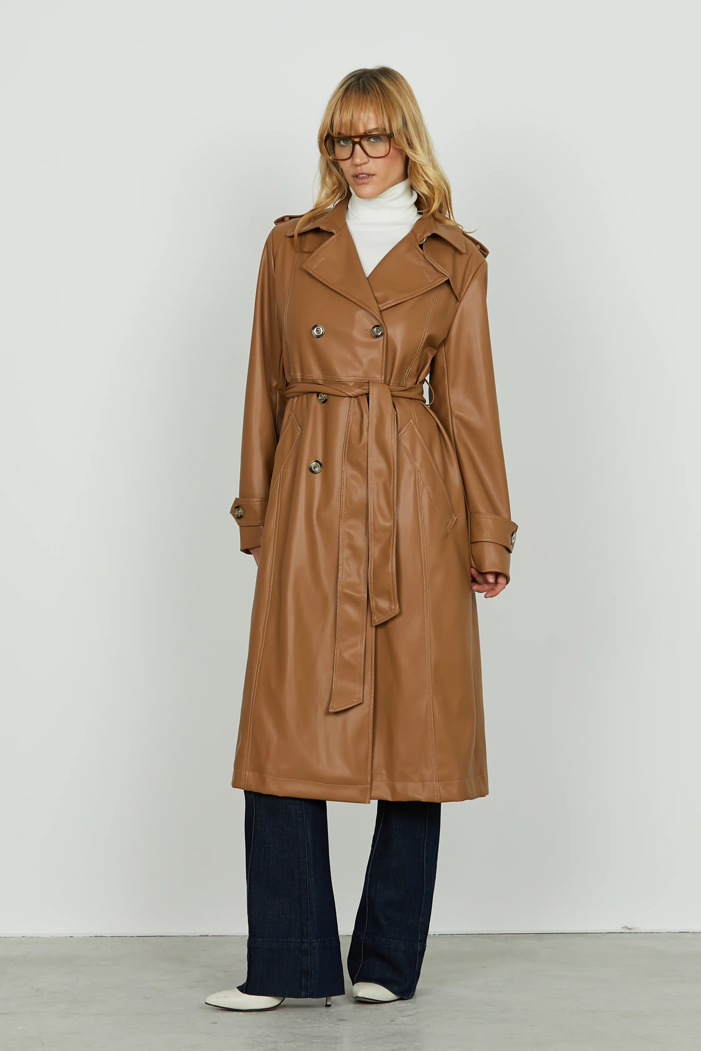 Trench TRENX lungo manica lunga doppio petto con alette più tasche più cintura ecopelle - Image 2